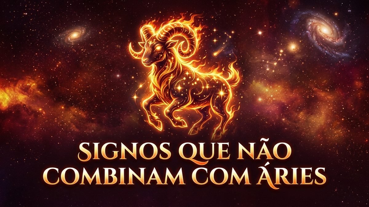 Infográfico astrológico mostrando os signos que não combinam com Áries e seus pontos de conflito