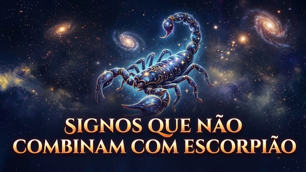 Ilustração astrológica destacando os signos que não combinam com Escorpião e os desafios afetivos