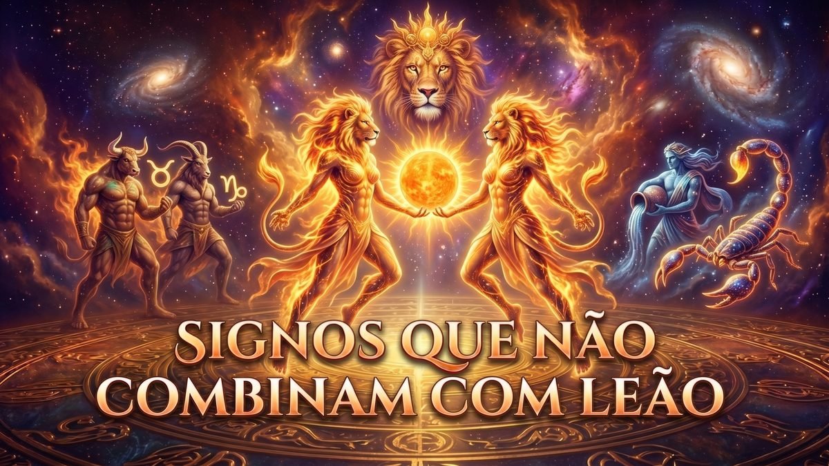 Ilustração astrológica destacando os signos que não combinam com Leão e os desafios na relação