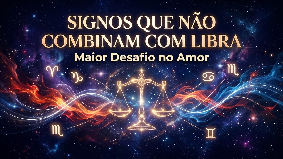 Infográfico astrológico mostrando os signos que não combinam com Libra e os desafios de relacionamento