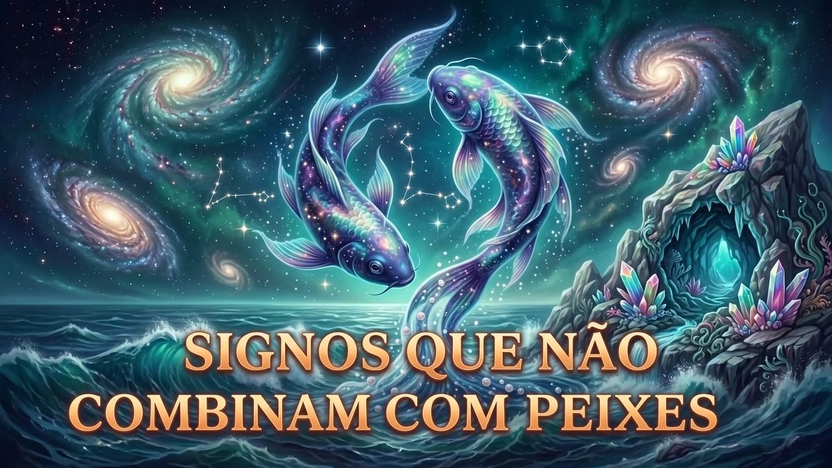 Ilustração astrológica destacando os signos que não combinam com Peixes e os desgastes afetivos