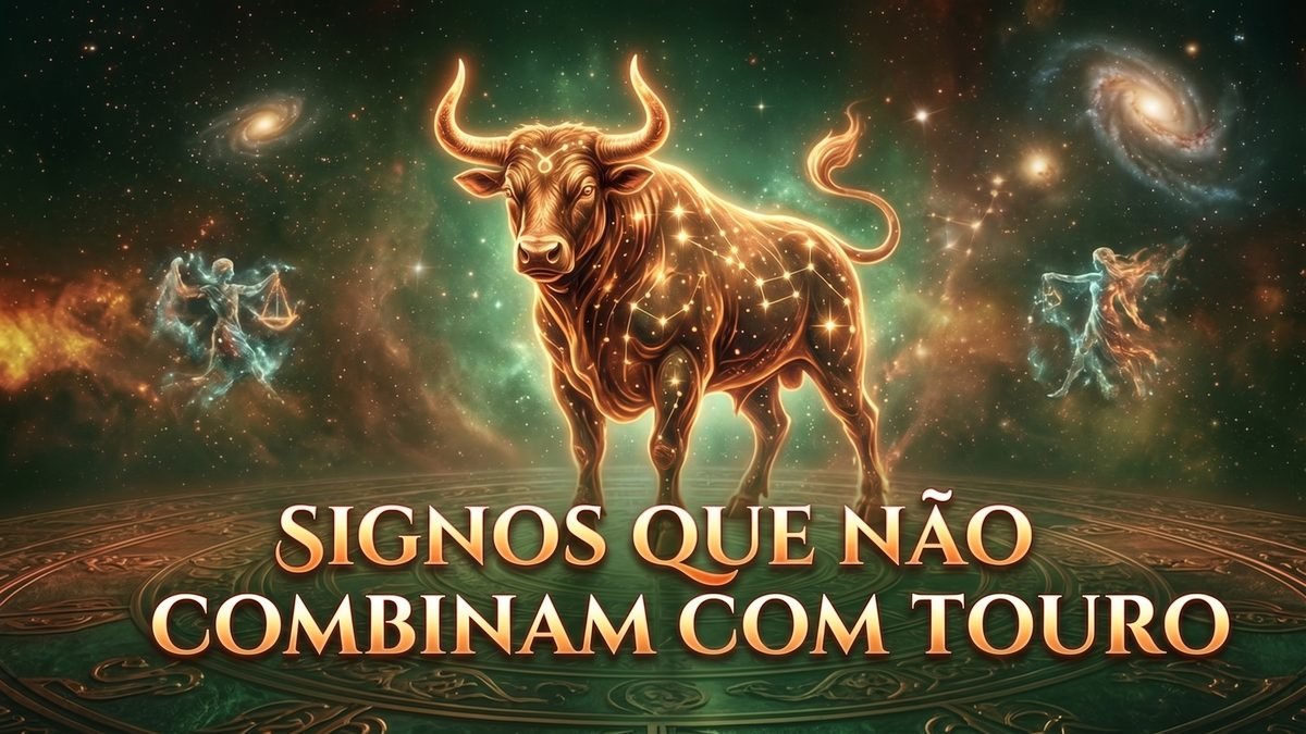 Infográfico astrológico mostrando os signos que não combinam com Touro e seus desafios de convivência
